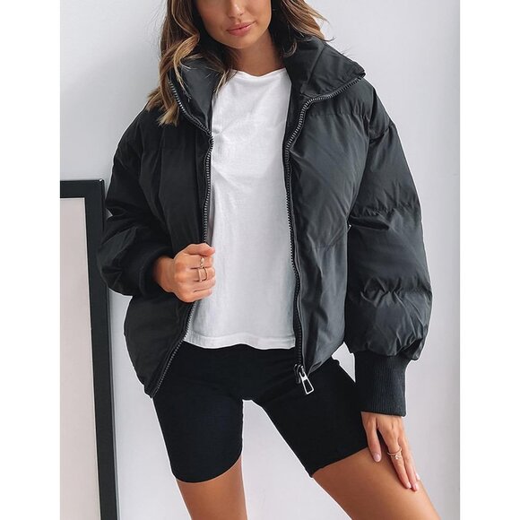 Women's Puffer Jacket Oversized Cropped Puffy Quilted Winter Jackets Coat Black - Picture 6 of 7